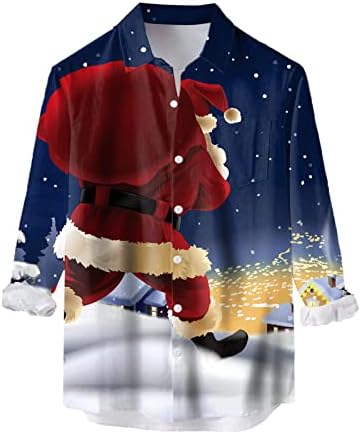 ZDFER חג מולד שמח גברים שרוול ארוך כפתור למטה חולצות, חג המולד סנטה קלאוס מודפס חולצות באולינג חולצות