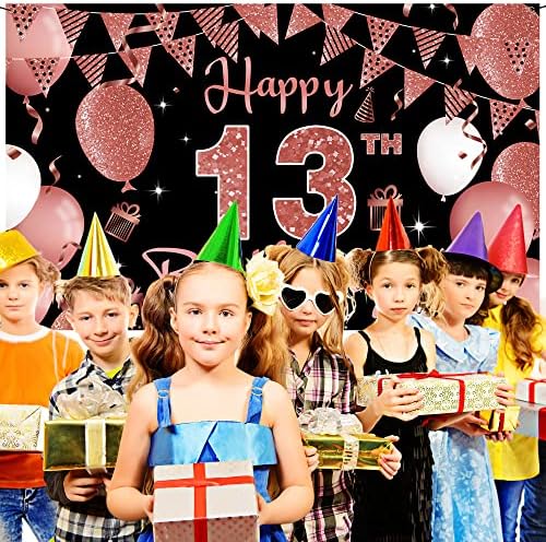 קישוטי יום הולדת 13 רקע באנר, קישוט יום הולדת 13 שמח לילדות, שחור רוז זהב רשמי נער בן 13 מסיבת