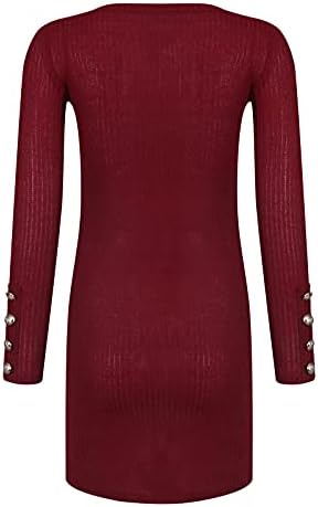 שמלת סוודר סקסית לנשים צבע אחוח צדדי חריץ רזה צוואר צווארון כפתור סוודר שמלות סרוג ארוכות