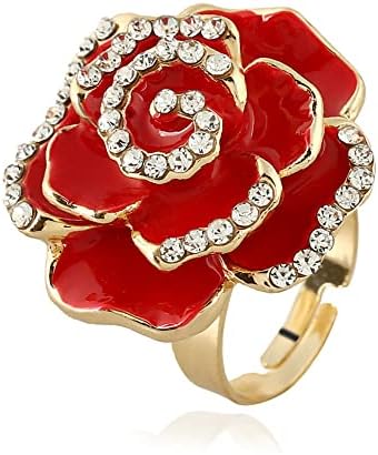 רוז פרח הבטחת טבעת עבור נשים בנות הצהרת יהלומי קריסטל 3 ד אמייל פרחים מתכוונן פתוח לעטוף אצבע טבעות נוחות להתאים