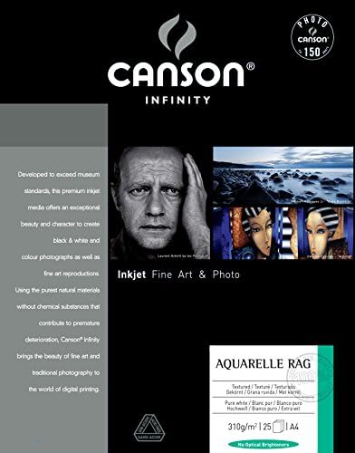 Canson Infinity Aquarelle Rag 310GSM, נייר דיו טבעי מט מט, A4, קופסה של 25 גיליונות