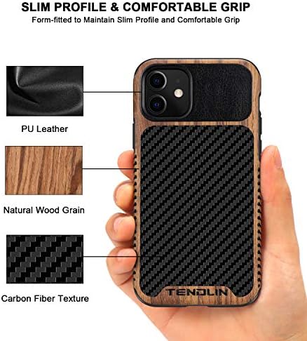 טנדלין תואם לאייפון 11 גרעיני עץ מארז עם מרקם סיבי פחמן עיצוב עור היברידי עור
