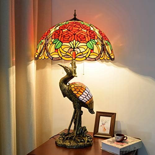 מנורת שולחן זכוכית ויטראז 'בעבודת יד 20 מנורה שולחן ציפור ציפורים בסגנון טיפאני, ורדים בצבע