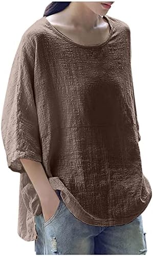 צמרות פשתן לנשים חולצות קז'ואל קיץ 3/4 שרוול בתוספת טוניקת כותנה בגודל רופפת כושר שלוש חולצות שרוול רבע