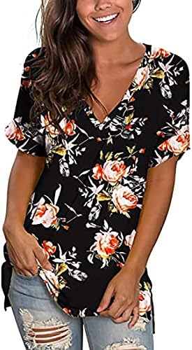 חולצות טי קיץ של נשים שרוול מזדמן טוניקה טוניקה פרחונית חולצה מודפסת חולצה צוואר צוואר צווא