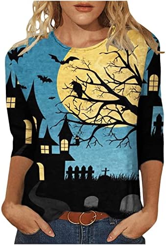 Hoxine Halloween 3/4 חולצת T שרוול לנשים סוודר חג מזדמנים צמרות בית אופנה עץ עץ עטלף סווטשירט סווטשירט סווטשירט