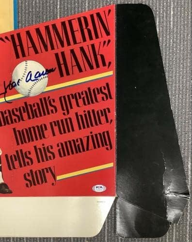 האנק אהרון חתום על גזרת Hammerin Hammerin Book Ad תצוגת Braves Auto Hof PSA/DNA - MLB חתימה חתימה
