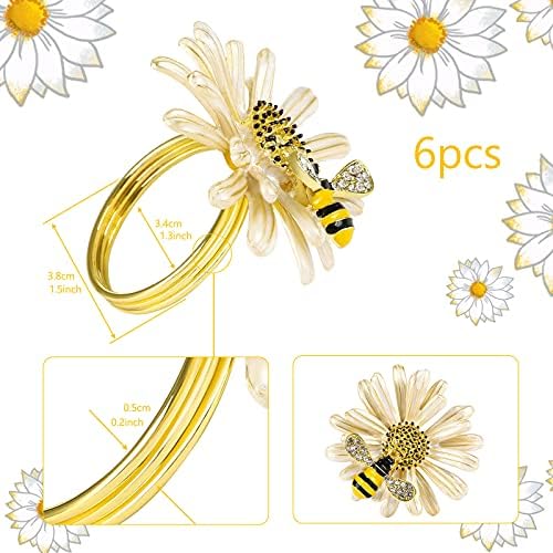 טבעות מפיות של חמניות של קסוטה דייזי סט של 6, מחזיקי טבעת מפית דבורים זהב לעיצוב שולחן אוכל רשמי או מזדמן