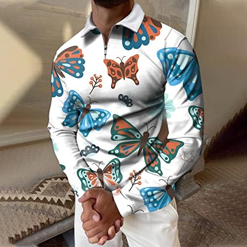 חולצות פולו של XXBR Mens חולצות רוכסן צוואר צוואר צוואר גולף נופל שרוול ארוך פרפר הדפסת רשת דקיק התאמה