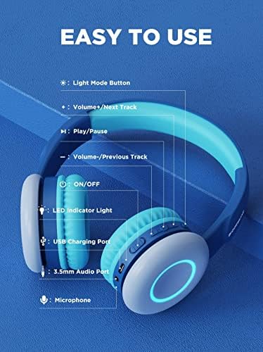 Biggerfive Kids אוזניות Bluetooth אלחוטיות עם 7 נורות LED צבעוניות, זמן משחק של 50 שעות, מיקרופון,