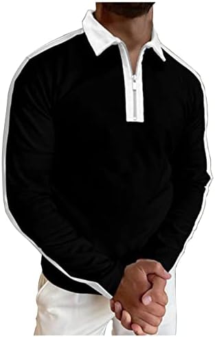 XZHDD חצי רוכסן חולצות פולו לגברים, שרוול ארוך בצבע פסים בלוק טלאים טלאים חולצה צווארון צווארון מזדמן