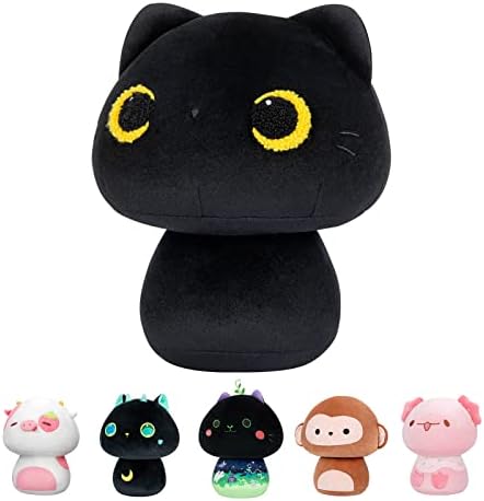 Mewaii 8 אינץ פטריות קטיפה, כרית קטיפה של חתול שחור חמוד כרית קטיפות רכות כרית, חטיבה שחורה בעלי