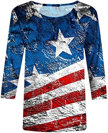 יום עצמאות טיז לנשים אופנה דגל אמריקאי הדפס פסים 3/4 צמרות שרוול רופפות חולצות חולצה קומדי צוואר