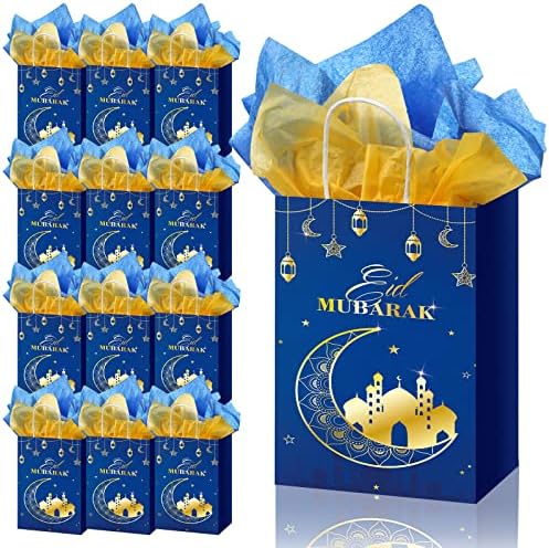 12 חבילות עיד מובארק מתנת שקיות עם רקמות נייר הרמדאן לטפל שקיות עם ידית עבור גודי סוכריות עיד מובארק מוסלמי יום