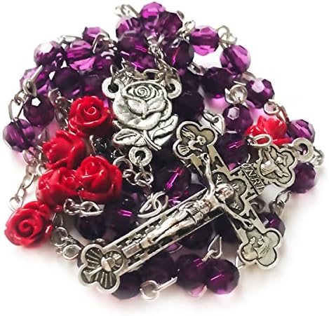 לורדס גביש סגול חותך חרוזים ורד אדום חרוזים קתוליים לנשים - מחרוזת קתולית - רוזאריוס קטולוס פארה מוג'ר
