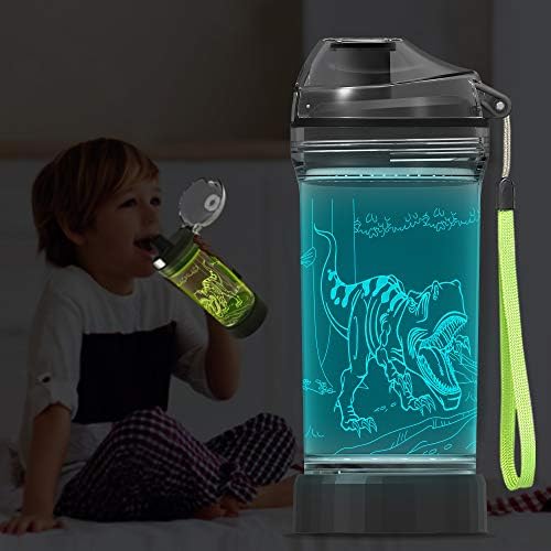 דינוזאור תלת מימד בקבוק מים זוהר, מואר כוסות שותות נער עם שאגה תלת מימד T Rex דינוזאור לילה אור- 14 עוז