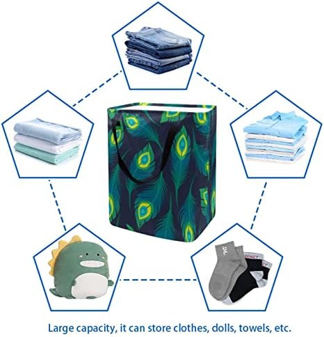 דפוס נוצות טווס ירוק הדפס סל כביסה מתקפל, סלי כביסה עמידים למים 60 ליטר אחסון צעצועי כביסה לחדר שינה בחדר האמבטיה