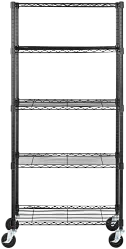 אמזון יסודות 5-מדף מתכוונן, כבד החובה אחסון מדפי יחידה על 4 גלגל גלגלים, מתכת ארגונית חוט מתלה, שחור