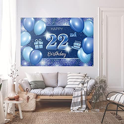 5665 שמח 22 יום הולדת רקע באנר דקור כחול דוט נצנצים ניצוץ 22 שנים מסיבת יום הולדת נושא קישוטי עבור גברים