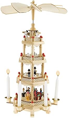 יצירות חכמות פסטל ארבע קרוסלה שכבתית 16 אינץ 'מעץ מסורתי קישוט פירמידה לחג המולד, עיצוב חג המולד