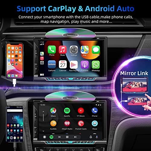 סטריאו לרכב DIN כפול עם CD/DVD Player- Carplay & Android Auto, שמע לרכב עם Bluetooth, מסך מגע HD בגודל