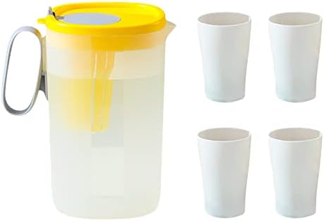 קנקן מים מפלסטיק של פונצי עם מכסה וידית, קומקום קר צבעוני עם 4 כוס סט BPA כדורים חינם קנקן משקאות