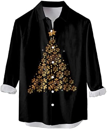 חולצות כפתור לחג המולד של ZDDO לגברים, שרוול ארוך 3D חג המולד עץ שלג הדפס עץ הדפסת חולצות הוואי מסיבת חולצות