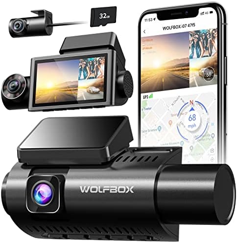 מצלמת Wolfbox I07 CASH, מצלמת מקף ערוצים 3 בנוגדים מובנים ב- WiFi GPS, 4K+1080p מצלמת מקף קדמית קדמית