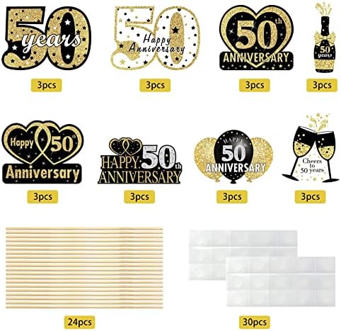 24 יחידות קישוטי 50 שנה לקישוטים לשולחן שולחן מקלות חתיכות, זהב שחור 50 שנה שולחנות יום נישואים שולחנות