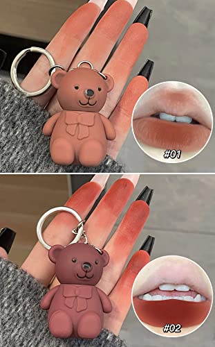 2 יחידות מחזיק מפתחות דוב שפתונים, 2 ב 1 מפתח שרשרת דוב שפתון ערפל מט קטיפה ליפ גלוס לחות שפתיים