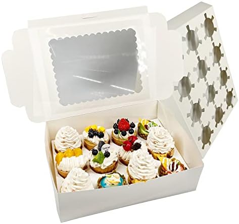 קופסאות קאפקייקס של פראצ ' י 50 מארז מיכלי קאפקייקס לבנים 12 רוזן קופסאות מנשא מאפיית קראפט עם חלונות ותוספות