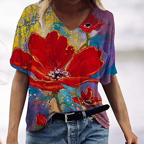 נשים קיץ v צוואר חולצת טש חולצת פרחים מזדמנים אופנתיים הדפסה רופפת טוניקה טוניקה טוניקה קצרה