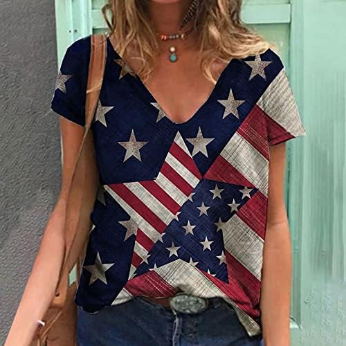 נשים עמוק V Spandex T Spandex חולצת טרקלין צמרות טייז שרוול קצר צבע חילול דגל אמריקאי חולצה UC