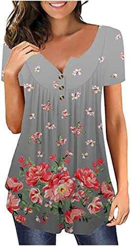 2023 צמרות טוניקה פרחוניות של נשים שרוול קצר V חולצות קיץ צוואר כפתורי שרוול קצר במעלה חולצות