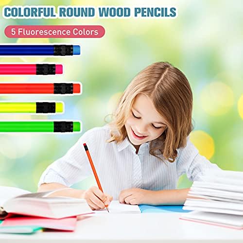 עפרונות אאוטוס ניאון לילדים HB עיפרון עץ עם מחק עפרונות עץ צבעוני פלורסנטיים צבעוניים עגולים עגולים כותבים ציור