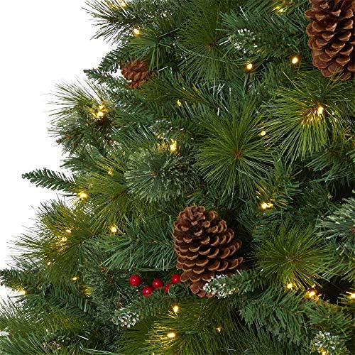 8ft. מונטנה מעורבב אורן עץ חג המולד מלאכותי עם חרוטים אורנים, פירות יער ו 700 נורות LED ברורות, ירוק