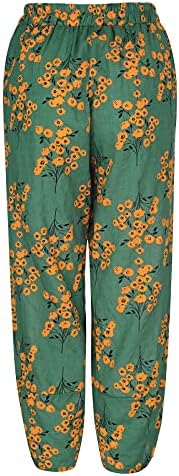 מכנסי קאפרי לנשים, פשתן כותנה אלסיטן מותניים רחבות רגליים רופפות כושר יוגה קפריס מכנסיים פרחים פרחוניים לנשים