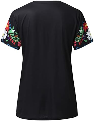 קיץ נשים שרוול קצר צוואר צוואר פרח מודפס חולצות טופ חולצות חולצות מזדמן טי כותנה סטרץ 'חולצות נשים T קצרות A-שחור