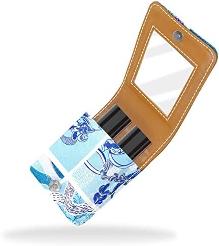 אוריואקאן שפתון מקרה עם מראה חמוד נייד איפור תיק קוסמטי פאוץ, כחול בציר גלי אוקיינוס בת ים