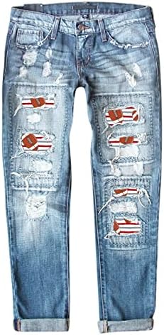 מיאשוי מותניים גבוהות מכנסי ג'ינס ג'ינס דפוס בייסבול הדפס מכנסיים קרועים ג'ין לאישה