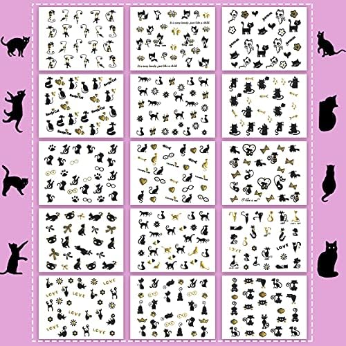 סילפקווי 30 גיליונות 3 מדבקות ציפורניים חתולים שחורים זהובים עיצוב ציפורניים מדבקות אמנות ציפורניים