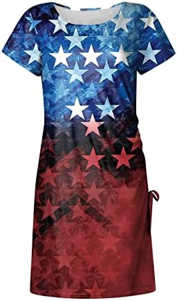 שמלת 4 ביולי חולצת טש חולצת נשים שרוול קצר פטריוטי דגל אמריקאי קרוונק שמלת מידי שמלת קיץ צד חריץ