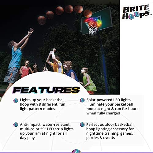 חישוקי בריט-אורות שפת כדורסל לד רב צבעוניים, המופעלים על ידי שמש, עמידים במים - 8 דפוסים ייחודיים