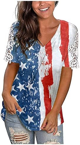 חולצת T תחרה לנשים קיץ מזדמן V צוואר צוואר צוואר אמריקה צמרות דגל 4 ביולי שרוול קצר פטריוטי חולצות רופפות
