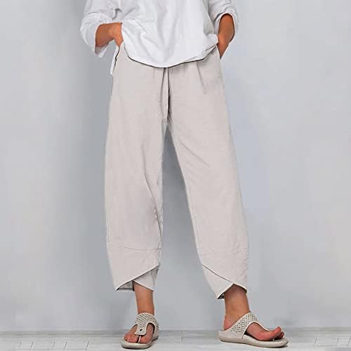 מכנסיים של ליירקה קאפרי לנשים מכנסי פשתן כותנה קיץ מזדמנים מכנסיים מותניים אלסטיים רופפים מכנסי