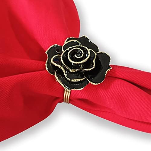 טבעות מפיות שחורות של Kalopro סט של 4, אבזמי טבעות מפיות ורד פרחים, מחזיקי מפיות בלום שנקבעו לחתונה