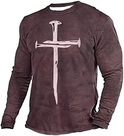 חולצות נוצריות למתנה לגברים ישו הדפס צלב שרוול ארוך שרוול ארוך צוואר עגול עגול